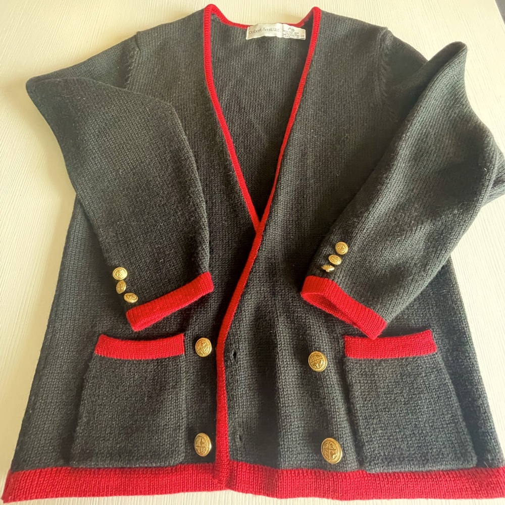 Festive Wool Cardigan with Gold Buttons and Red Trim, size EU38/US8.